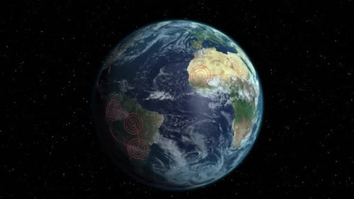 Turning globe with radiating red concentric circles spreading between territories on black backgroun