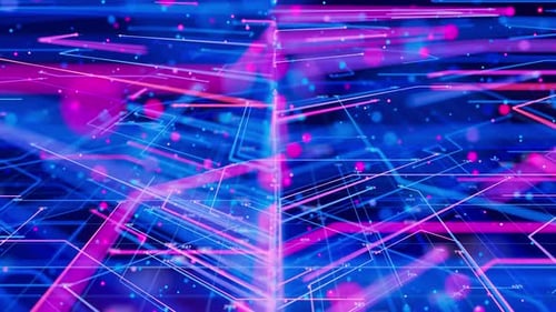 Künstliche Intelligenz, Verarbeitung großer Datenmengen, Flussanimation, Quantencomputerkern mit Daten