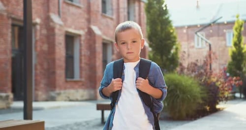 Portrait of little boy with backpack looking to camera standing on the school yard. portrait happy