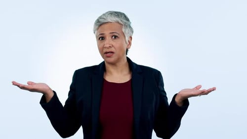 Confused, hands and senior business woman in studio with emoji, questions