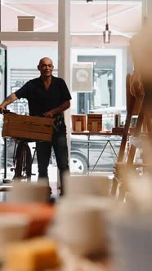 Artisan Entering His Woodcraft Workshop with a Crate on His Bicycle