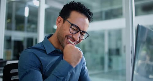 Fist pump, businessman and laptop in office for applause, company success or account bonus
