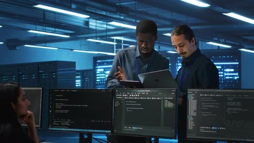Computer Programmers Collaborating in Modern Server Room