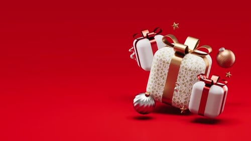 Animated 3D Christmas Gifts and Ornaments on Red Background