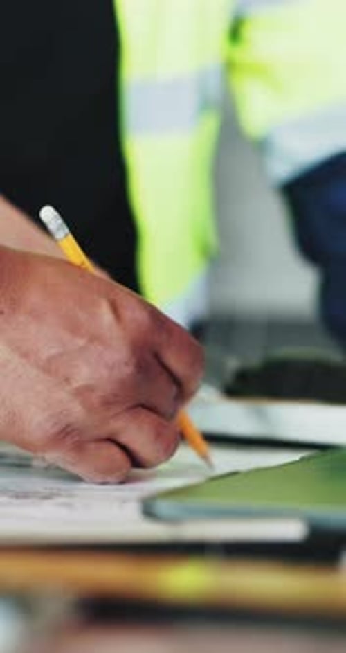 Hands, architect and writing with team for blueprint, planning and real estate development