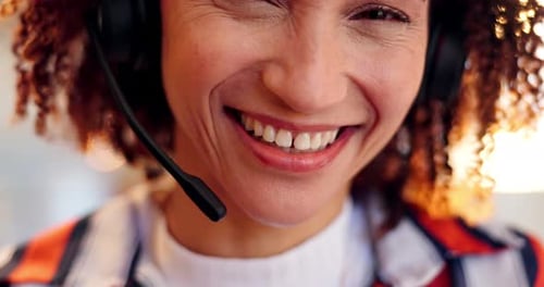 Happy woman, consultant and mouth with mic at call center in customer service
