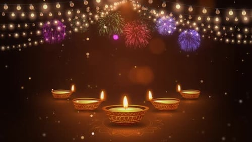 Diwali Celebration Background with Glowing Diyas and Fireworks