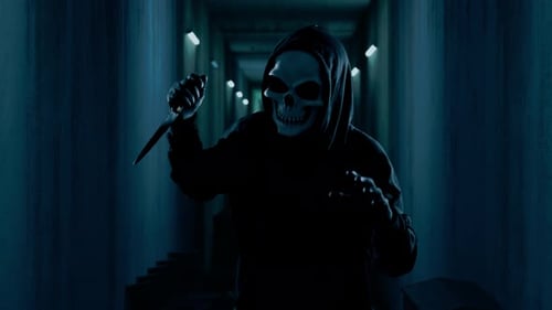 Scary Man In The Hooded Wearing Ghost Mask Holding A Knife While Walking In The Abandoned Hotel