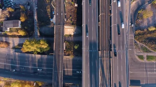 Aerial Drone Top View Highway Multilevel Bridge Road