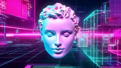 Futuristic Digital Bust in Neon Cyber Grid Background