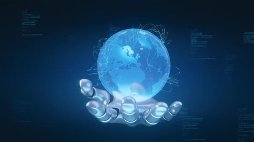 Futuristic Robotic Hand Holding Digital Globe and Global Network