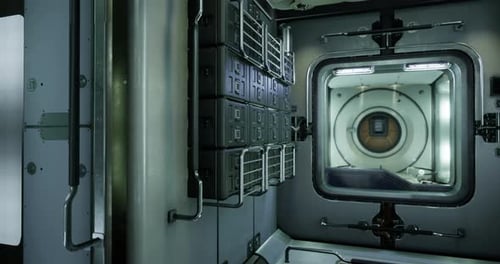 Vue intérieure du module de la Station spatiale internationale avec armoires de rangement
