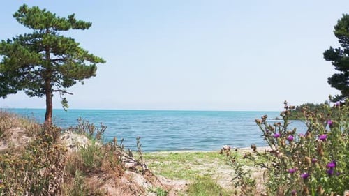 Drone fly from beach lake to water surface. Aerial footage Sevan lake in Armenia, Caucasus.