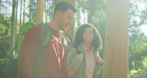 Hiking, conversation and couple in forest, fitness and adventure with wellness, trekking and travel