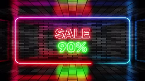 Flickering Neon Sale 90% Sign on Brick Wall