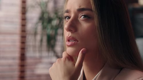 Close Up Caucasian Thoughtful Creative Business Woman Female Girl Office Worker Boss Employer