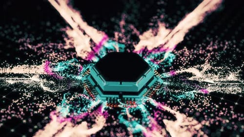 Las partículas se mueven alrededor de la CPU en un contexto tecnológico