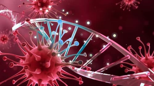 Microscopic view of virus cells flowing. Coronavirus flue, dna virus pandemic disease