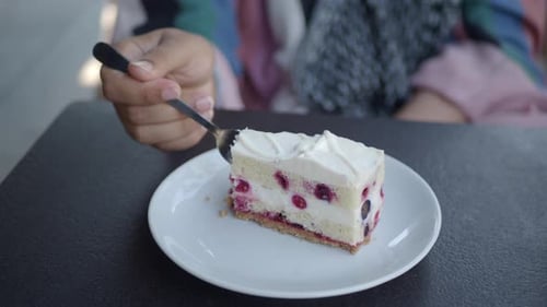Cake Slice with Berries on Plate with Fork