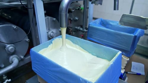 Making butter on a dairy factory. Industrial equipment at milk factory.