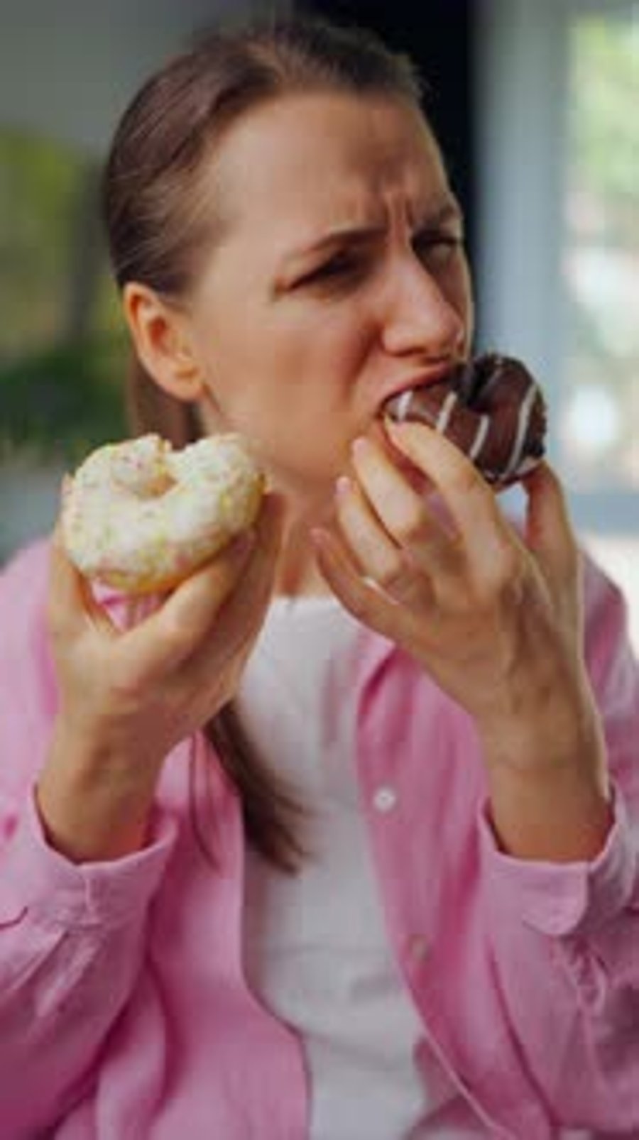 Woman Eating Two Donuts Sweet Treat Indulgence, Food Stock Footage ft ...