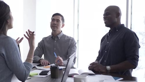 Colleagues discuss business startup ideas in a modern north american office meeting