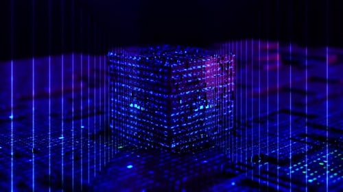 Futuristic Glowing Data Cube on Circuit Board Animation