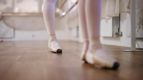 Closeup of Ballerinas Legs Professional Ballet School for Children Girls in Green Bodysuit Dancing