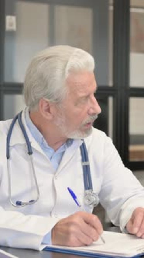 Senior Doctor Writing Patient Notes in Clinic Office