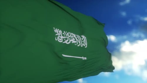 Realistic Flag of Saudi Arabia Waving at Wind in Slow with Blue Sky