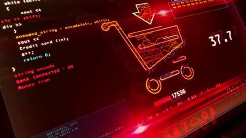 Online-Shopping mit Warenkorbsymbol auf dem Computerbildschirm. Cybergeschäft, Digitales Einkaufen, E-Commerce