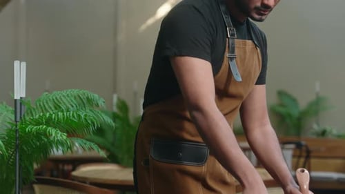 Happy Cafe Worker Latino American Ethnic Man in Apron Guy Waiter Male Cleaner Barista Working