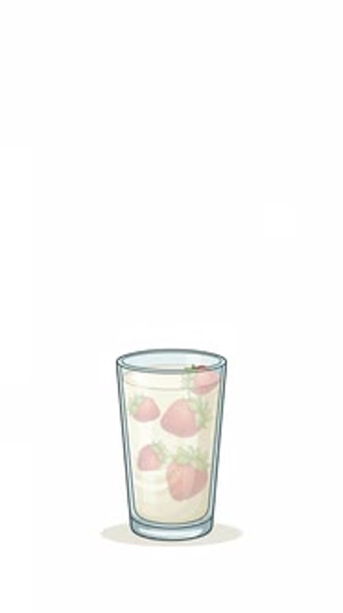 Strawberry falling into milkshake glass animation, vector motion graphics background,