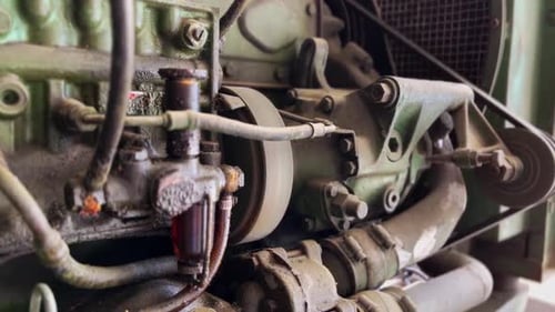 Working old emergency diesel generator with a rotating pulley and belt. Dirty generator diesel engin