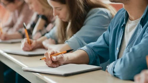 Moving Footage of a Row of Multi Ethnic Students in the Classroom Taking Exam/ Test. Focus on Holdi