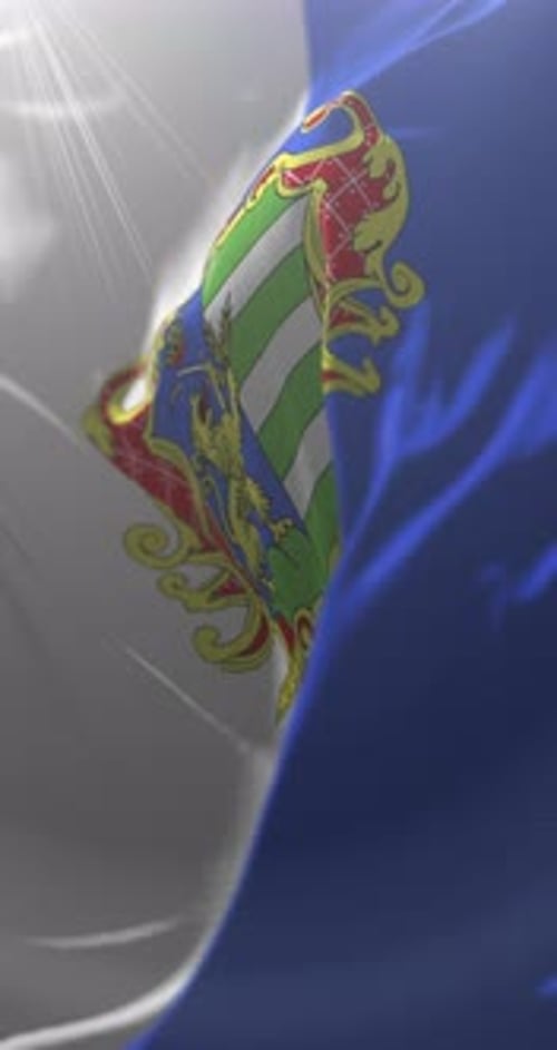 Vertical Waving Flag with Intricate Decorative Emblem