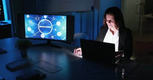 Mature businesswoman analyzing cryptocurrency data in hedge fund office