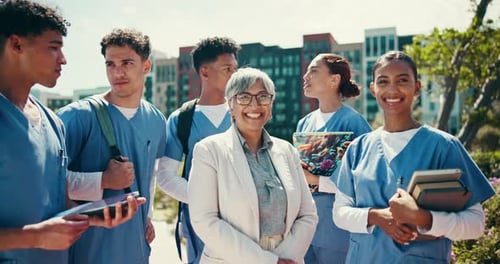 Face, college students or professor for medical school, hospital internship