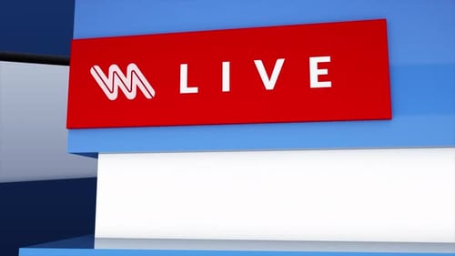 Headline Collection: A transition element of a blue and white logo with text live appearing on the s