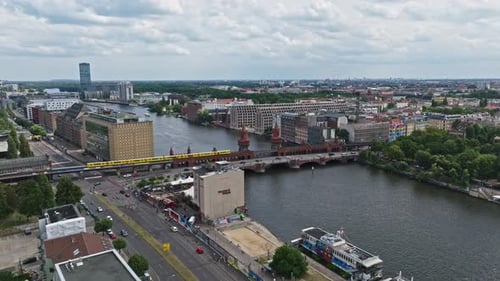 Aerial view of train crossing The Oberbaum Bridge , Berlin , Germany
