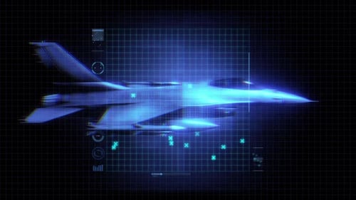 Holographic Fighter Jet Scan with Futuristic HUD Elements