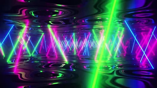 Vibrantes luces de neón bailan en un túnel futurista con reflejos líquidos