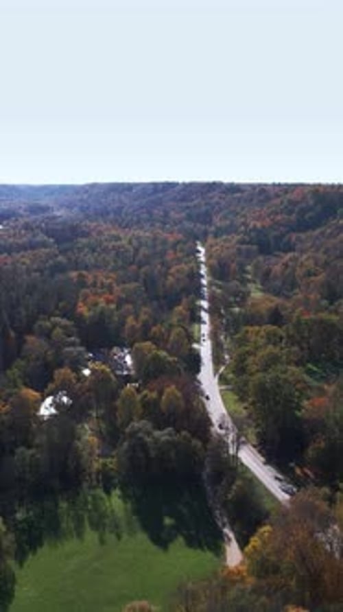 Aerial view of fall colors along a winding country road