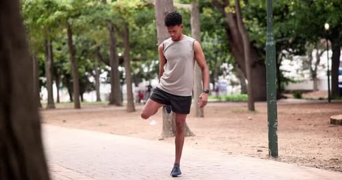 Sports, park or runner stretching legs for fitness training, wellness or exercise outdoors