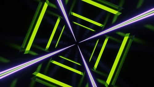 Lime And Light Purple Neon Glowing Glossed Square Tunnel Background Vj Loop In HD