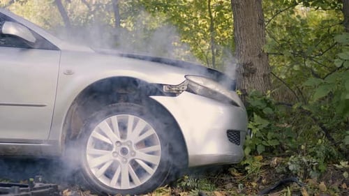 Car Crash Aftermath: Damaged Vehicle in Wooded Area