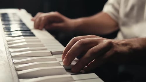 Playing Piano Vintage Retro Synthesizer Close Up of Man Hands Playing Jazz on the Piano Fingers on
