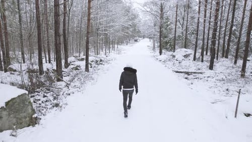 Man walking on snow-covered road in forest