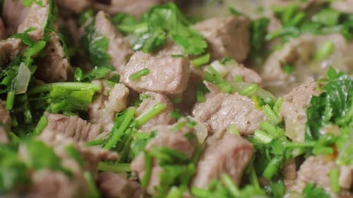 Chicken or Pork Stew with Red and Green Pepper Onion and Spices Cooking in a Frying Pan Traditional