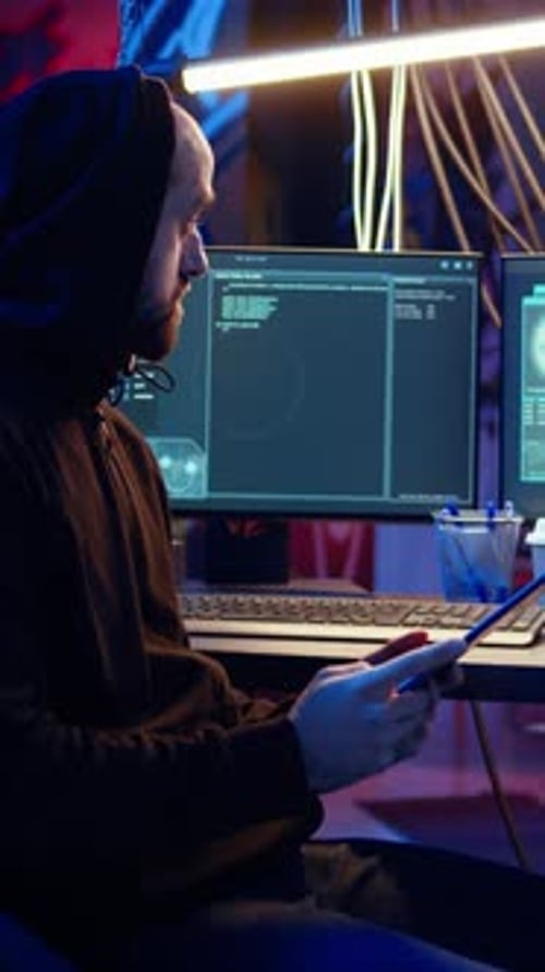 Vertikale Video-Hacker, die mithilfe von Ransomware auf dem Tablet Computersabotage durchführen